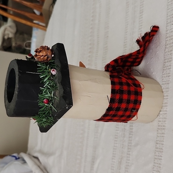 Hand Painted wooden snowman top hat candle holder plaid scarf Holiday Decoration - Picture 4 of 8